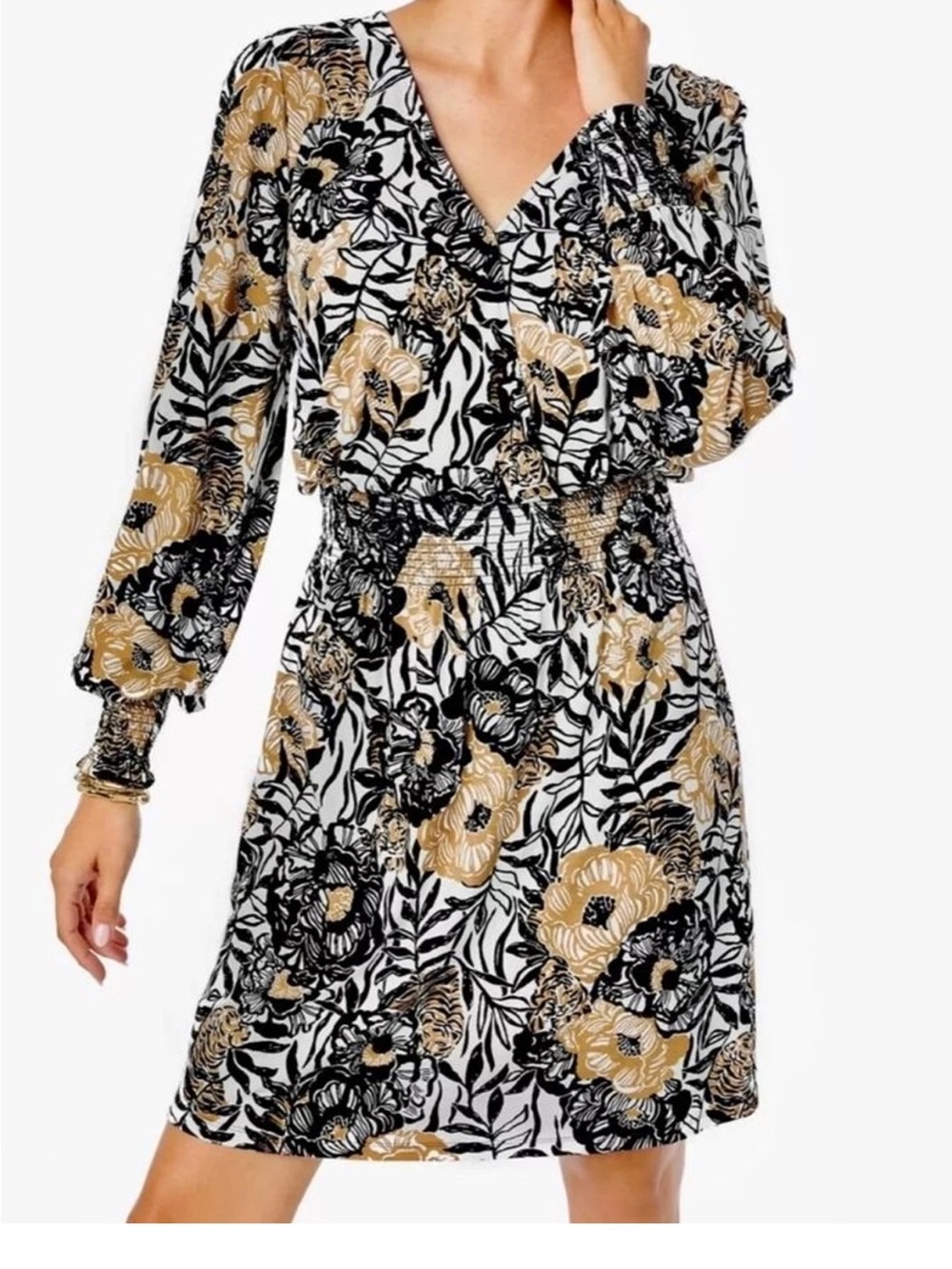 Lilly Pulitzer NWOT “Tally” Dress Sz Med Black and Gold Floral Balloon Sleeve